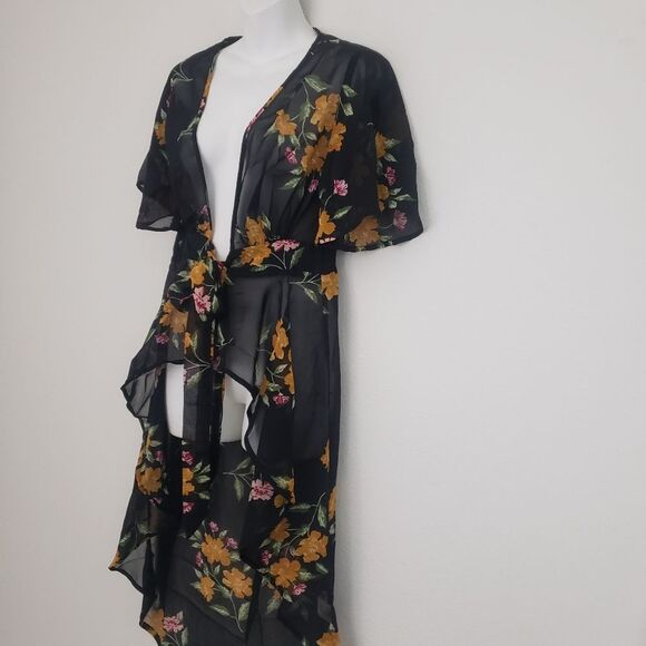 Live 4 Truth Floral Kimono Top Black Small Sheer Boho Cover Up Dark Fairy - Picture 5 of 7
